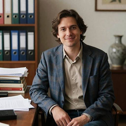 Smiling Man at a Desk with Books