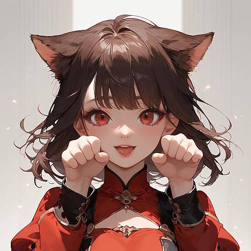 Anime-style digital drawing of a cute girl with cat ears, red eyes, and dark brown hair, wearing a red dress, hands in paw position,