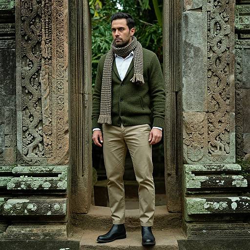 Man in Vintage Style at Stone Temple