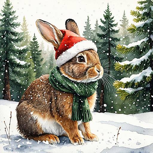 Cute Brown Rabbit in Santa Hat with Green Scarf