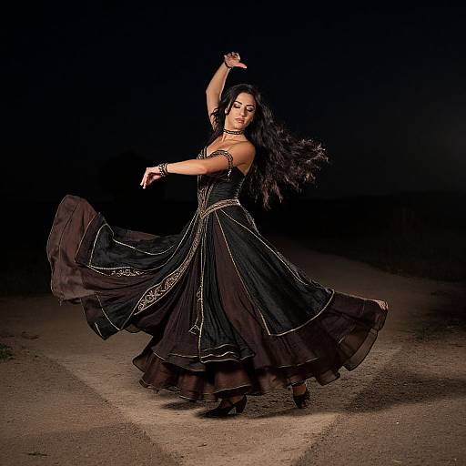 Photograph of a dark-haired woman in a flowing black gown with white trim, dancing under night sky, arm raised, dress swirling.