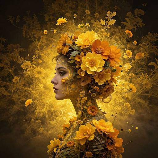Photograph-style digital art: Profile of a woman with a golden glow, adorned with vibrant orange flowers in her hair and on her shoulders, set against