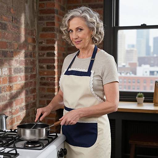 Photograph of an elderly white woman with gray curly hair, wearing a white apron over a gray shirt, cooking on a gas stove in a sun