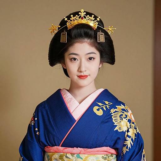 Regal Woman in Blue Kimono