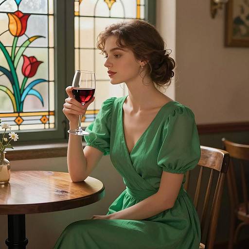 Elegant Woman with Wine in Stained Glass
