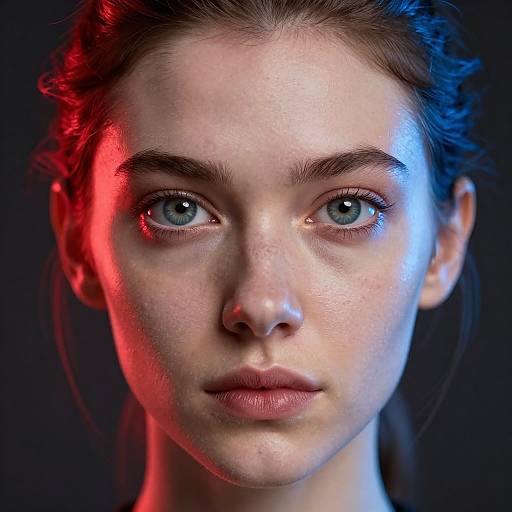Digital portrait of a young woman with striking blue eyes, fair skin, and brown hair, illuminated by red and blue light.