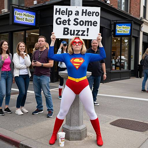 Photograph of a woman dressed as Superman's daughter, holding a 