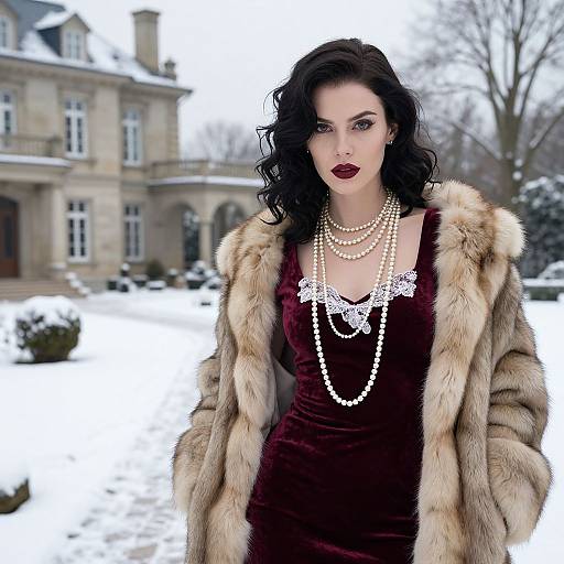 Photograph of a pale-skinned woman with dark curly hair, wearing a fur coat over a burgundy velvet dress and pearl necklaces, standing in