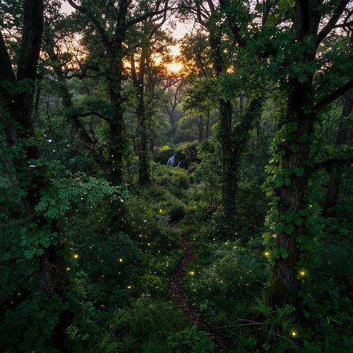 Photograph of a dense, dark forest at sunset with glowing fireflies, tall trees, and a narrow, winding path leading deeper into the woods.