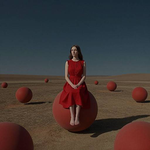 Photograph of a fair-skinned woman with dark hair, wearing a red dress, sitting on a large red sphere in a barren desert with scattered red