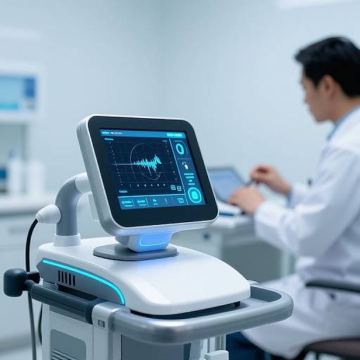 Photograph of a modern medical monitoring device with a touchscreen displaying heart rate and ECG, in a bright, clinical room, with a blurred, seated