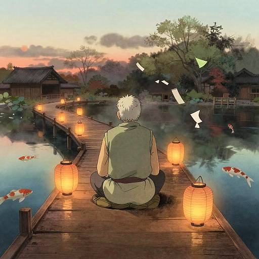 Elderly Man on Rustic Dock Overlooking Koi Pond at Sunrise