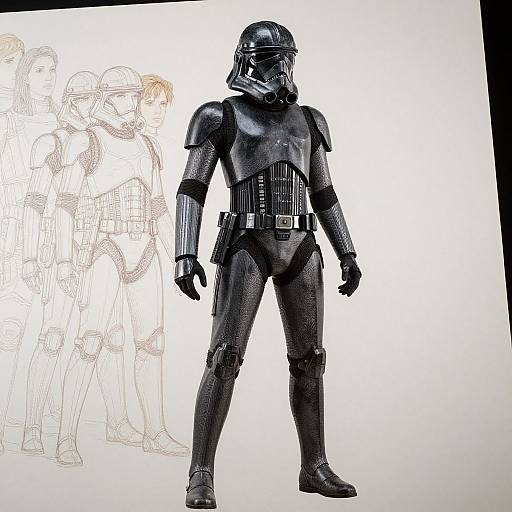 Photograph of a detailed, black, Stormtrooper armor standing in front of a pencil sketch of multiple Stormtroopers in a group.