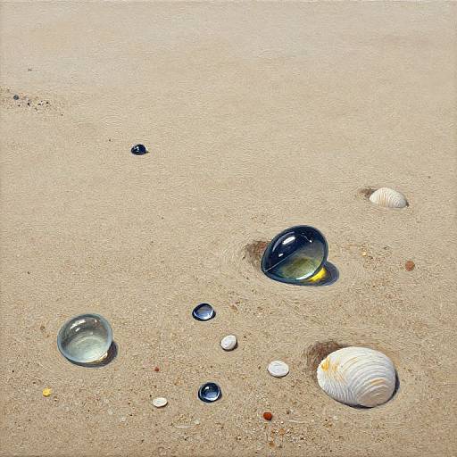Photograph of various seashells and water droplets on sandy beach, showcasing textures and reflections of sunlight on the wet sand.