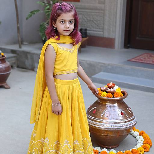 Photograph of a young Indian girl with red hair, wearing a yellow traditional outfit, standing beside a decorated clay pot of marigolds, in front