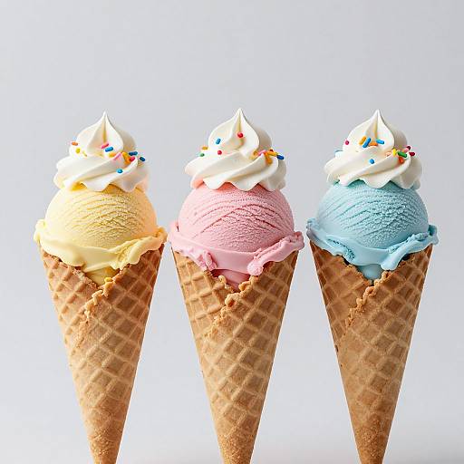Photograph of three ice cream cones with swirls of yellow, pink, and blue ice cream, topped with white whipped cream and colorful sprinkles,
