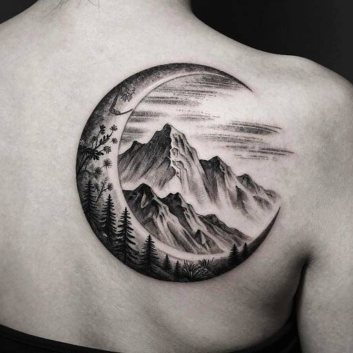Black-and-white circular tattoo of mountain range with trees, moon, and clouds on a bare shoulder. Realistic, detailed, grayscale ink.