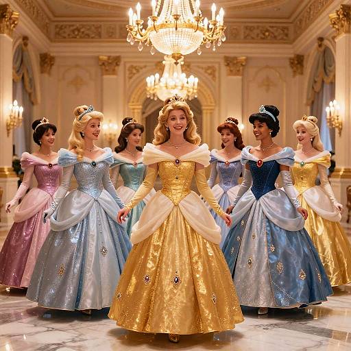 Photograph of a group of six princesses in colorful, sparkling ball gowns, standing in an ornate, chandelier-lit ballroom,