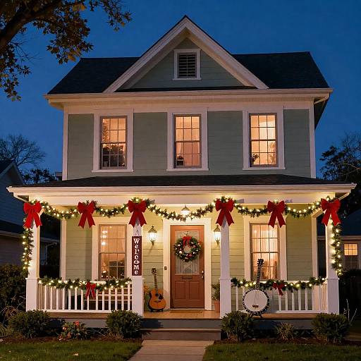 Festive Two-Story House at Night