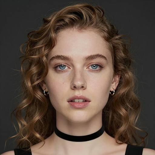 Portrait of Woman with Curly Hair and Blue Eyes