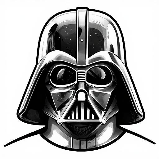 Digital black-and-white illustration of Darth Vader's iconic helmet with a starry sky pattern on the front, bold outlines, and stark contrasts.