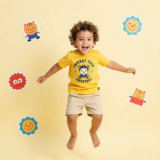 Photograph of a joyful curly-haired toddler in a yellow 