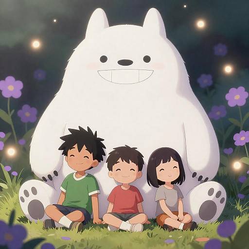 Joyful Beast Embracing Children in Flowers