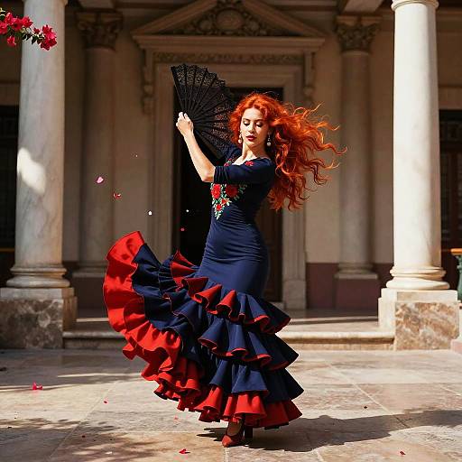 Photograph of a red-haired woman in a navy and red ruffled dress, dancing with a black fan, under sunlit colonial pillars.