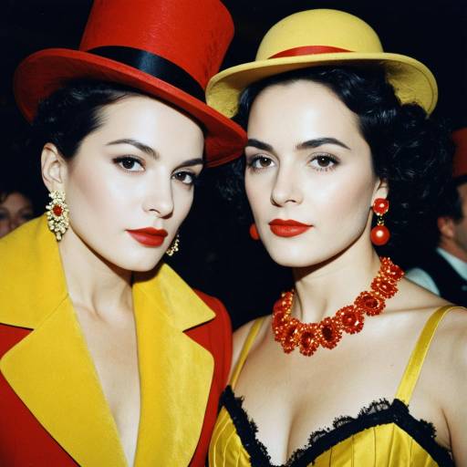 Fashion Portrait of Two Women in Red and Yellow Cabaret Costumes Fashion Portrait of Two Women in Red and Yellow Cabaret Costumes