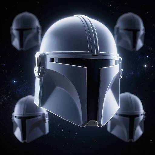 Digital art of a glowing, metallic Mandalorian helmet centered against a starry space background, surrounded by four darker, shadowy Mandalorian helmets.