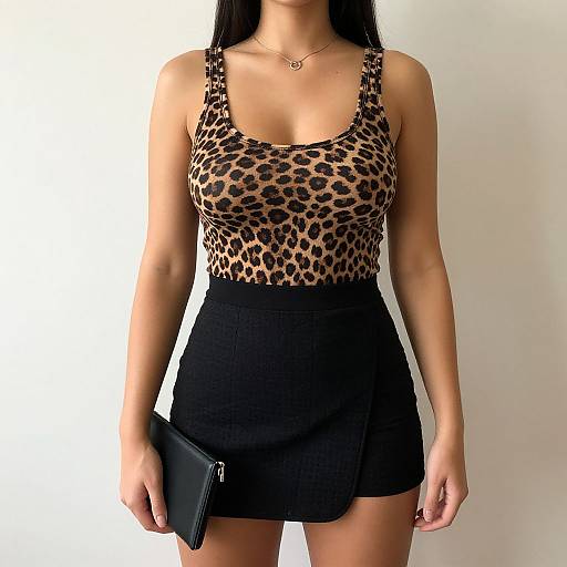 Photograph of a woman with long black hair, wearing a leopard-print tank top and black mini skirt, holding a black clutch, standing against a plain