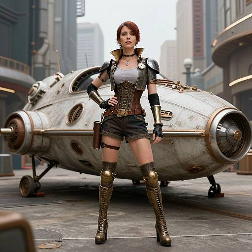 Digitally rendered image of a confident, dark-haired woman in steampunk attire, standing in front of a vintage aircraft in a futuristic urban setting.