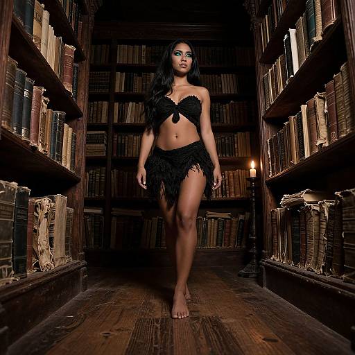 Photograph of a confident woman with long black hair, wearing a black fringe bikini, walking down a dimly lit, wooden library aisle filled with book