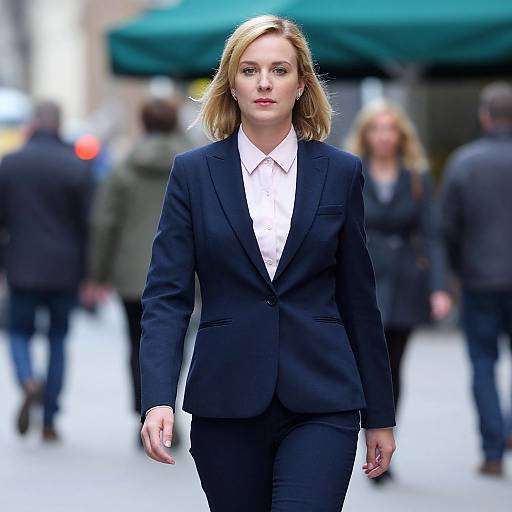 Photograph of a confident blonde woman in a black suit and white shirt, walking on a busy urban street with blurred pedestrians and green canopy in the background