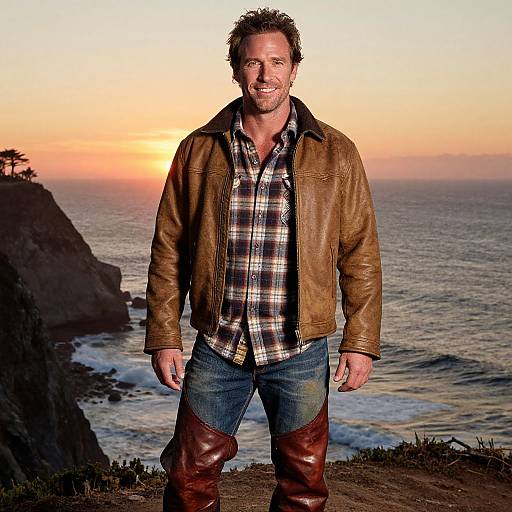 Photograph of a smiling, bearded man with curly hair, wearing a brown leather jacket, plaid shirt, jeans, and brown boots, standing