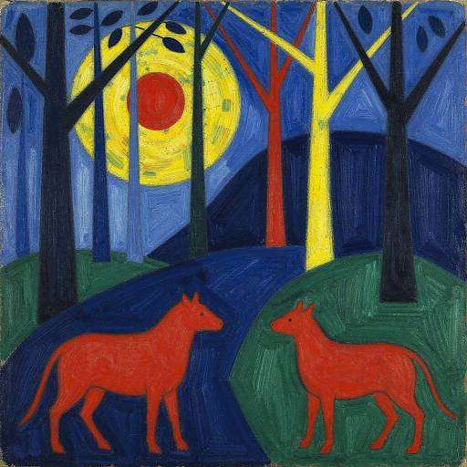 Abstract painting of two bright red wolves under a large yellow full moon in a dark blue forest with black trees.