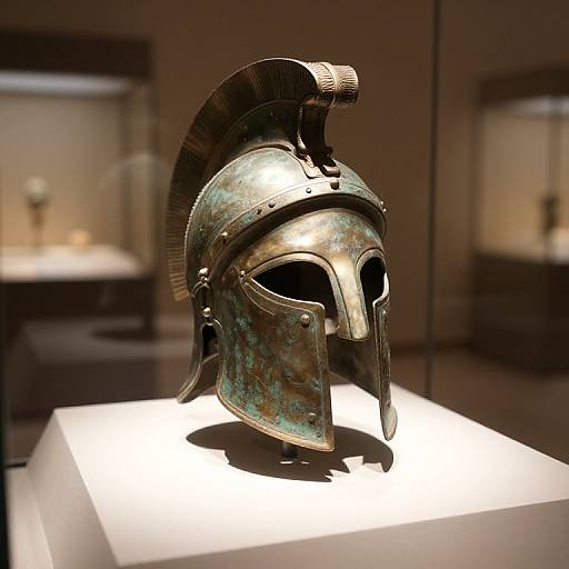 Photograph of an ancient Greek Corinthian helmet with a bronze crest, showing green patina, displayed on a white pedestal in a dimly lit museum