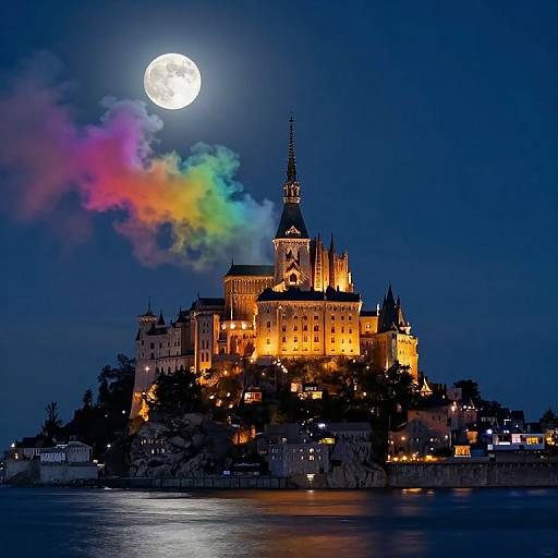 Photograph of a illuminated castle under a full moon, with a colorful rainbow-like cloud above, set against a dark blue night sky and reflective water.
