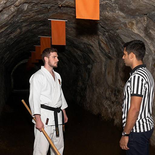 Staff-Wielding Martial Artist in Tunnel