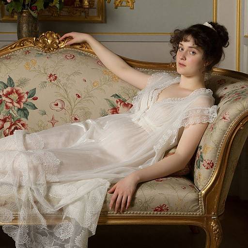 Elegant Woman on Floral Chaise Lounge