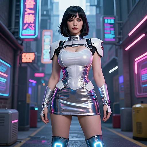 CGI image of a futuristic Asian woman with short black hair, wearing a shiny silver and white armor-like outfit, standing in a neon-lit cyber