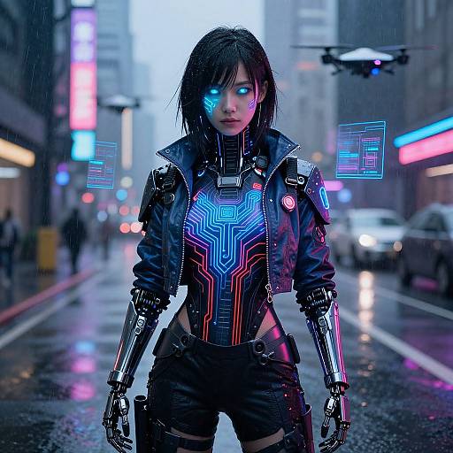Cyberpunk street scene: glowing blue-eyed, black-haired woman in neon-laced, robotic armor stands in rainy urban street, flanked by neon