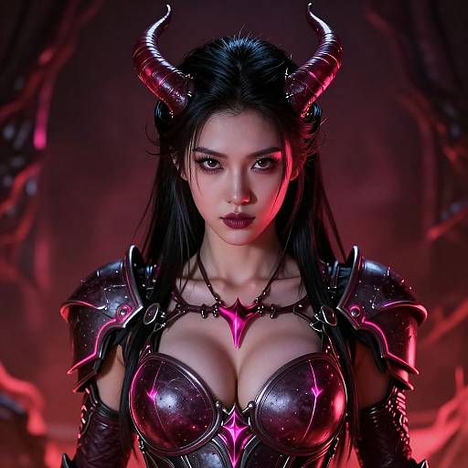 Digital artwork of a fierce, dark-haired demoness with glowing red horns, metallic armor, and prominent cleavage, illuminated by red light.