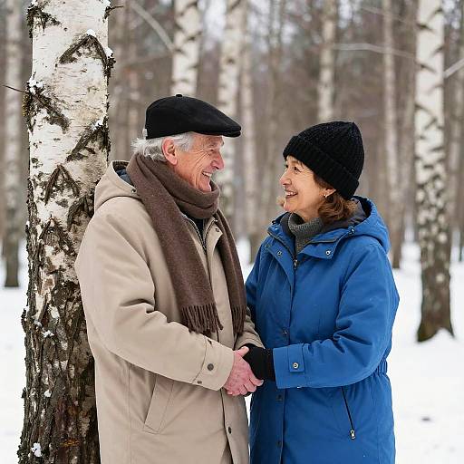 Elderly Couple in Snowy Birch Forest