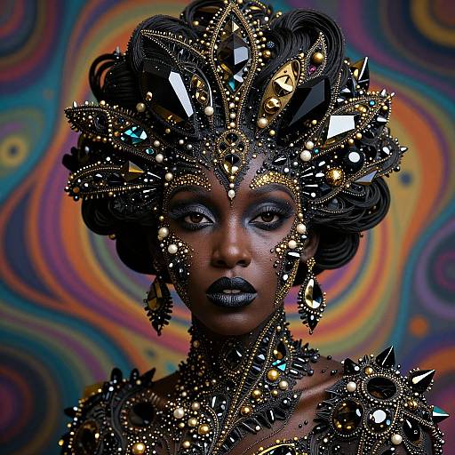 Photograph of a dark-skinned woman with an elaborate, metallic, ornate headpiece adorned with gold, black, and crystal details, against a