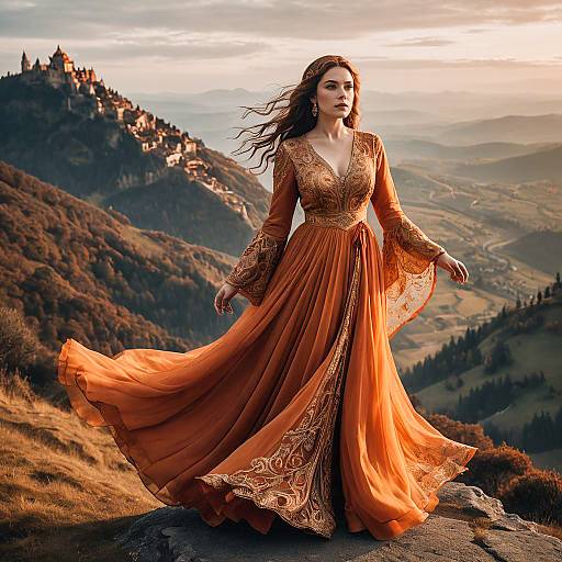 Woman in Terracotta Orange Medieval Robe on Mountain Overlook
