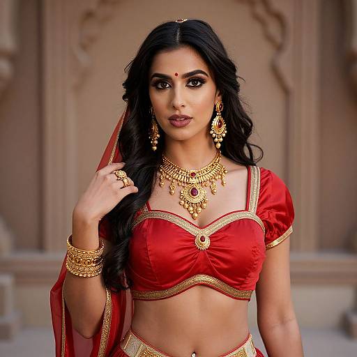 Photograph of a beautiful South Asian woman with long black hair, wearing a red traditional outfit, gold jewelry, and a red bindi, standing in