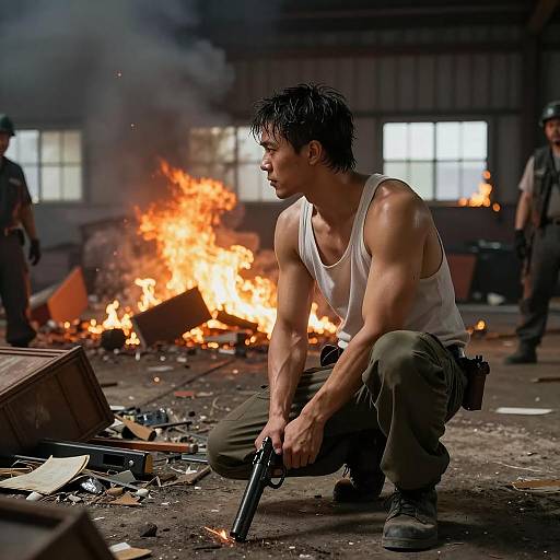Man with Gun in Burning Warehouse