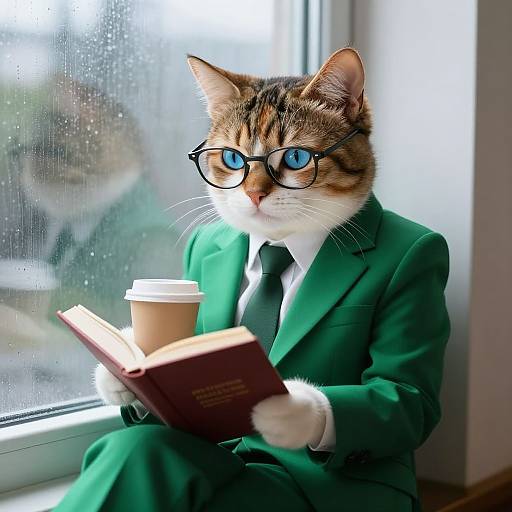Photograph of a tabby cat with blue eyes, wearing black glasses and a green suit, reading a book while holding a coffee cup by a window