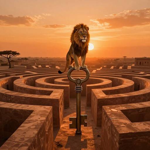 Photograph of a regal lion sitting on a large key-shaped metal object in a sunlit, ancient, maze-like stone structure at sunset.
